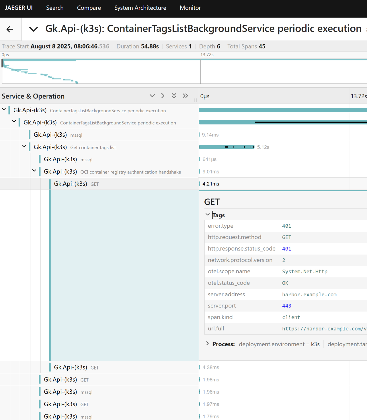 Trace with authentication handshake and details expanded